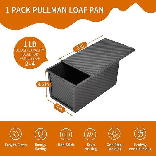 Pullman Loaf Pan with Lid, 9x4 inch (1 lb Dough Capacity), Non-Stick Sandwich Bread Loaf Pan for Homemade Baking Bread,Black-Carbon Steel