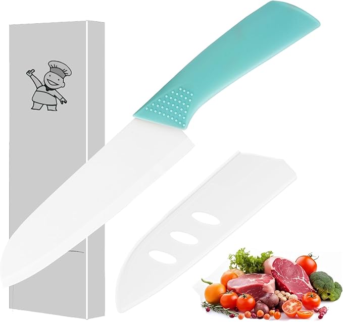 Ceramic Santoku Knife 7 Inch - High-Precision Blade for Meats, Fruits, and Vegetables - Durable Ceramic Blade with Protective Sheath - Sky Blue