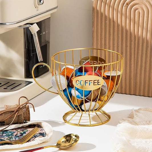 Coffee Pod Holder,Large K Cup & Capsule Organizer, Coffee Capsule Basket, Metal Coffee Bar Organizer for Kitchen Dinning Room Office Home Cafe Hotel (Gold)