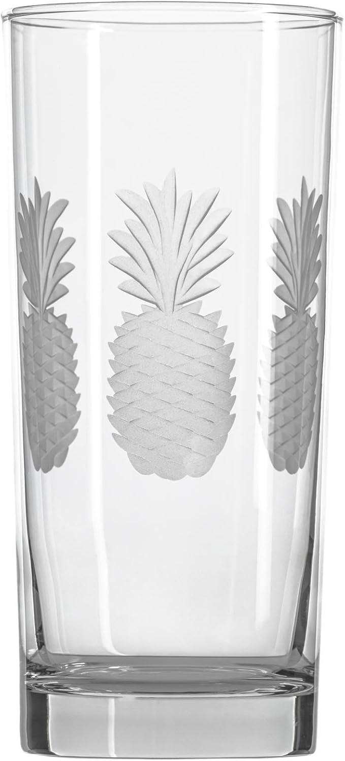 Rolf Glass Fresh Pineapple Highball Glass | 15oz Cooler Glasses | Lead-Free and Diamond-Wheel Engraved | Heavy Base, Thick Glass | Made in the USA | Tropical Etched Pineapple | Set of 4