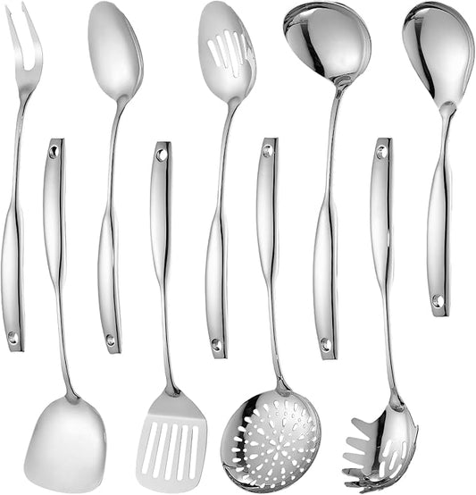 Lazycorner 304 Stainless Steel Kitchen Utensils Set 9-Piece Polished Mirror Finish Cooking Spoons, Slotted Spoon, Turner, Spatula, Pasta Spoon– Dishwasher Safe, Rust-Resistant