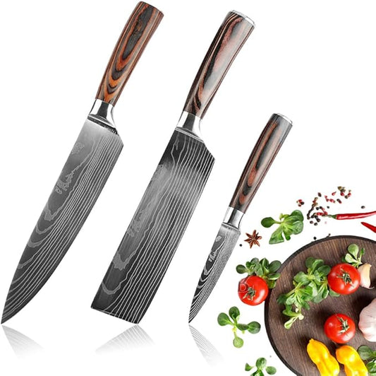 3PCS Kitchen Knife Set, Professional Japanese Chef Knives with High Carbon Stainless Steel Ultra, Sharp Aikido Knives with Ergonomic Color Wooden Handle for Cooking Meat, Fruits, Vegetables.