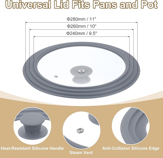 uxcell 1Pcs Universal Lid for Pot Fit 9.5, 10, 11 Inch Diameter Cookware, Replacement Pan Lids with Heat Resistant Silicone Rim, Steam Vent Pan Lid for Pots, Frying Pans, Skillets, Gray