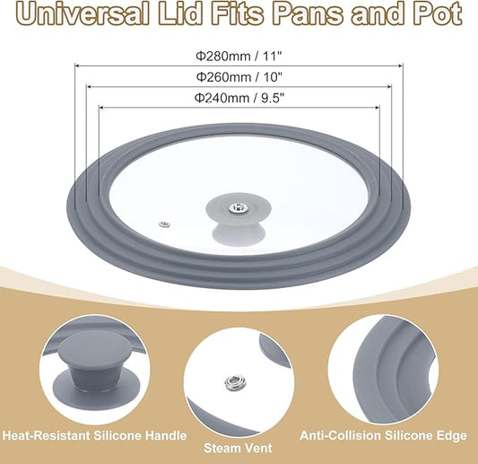 uxcell 1Pcs Universal Lid for Pot Fit 9.5, 10, 11 Inch Diameter Cookware, Replacement Pan Lids with Heat Resistant Silicone Rim, Steam Vent Pan Lid for Pots, Frying Pans, Skillets, Gray