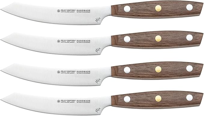 Zepter Felix MIU non serrated steak knives set of 4. High-carbon ice-hardened Solingen steel, professional handmade German cookware. Chef handle, steak knife set without block: 4 filet/dinner knives