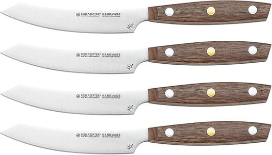 Zepter Felix MIU non serrated steak knives set of 4. High-carbon ice-hardened Solingen steel, professional handmade German cookware. Chef handle, steak knife set without block: 4 filet/dinner knives
