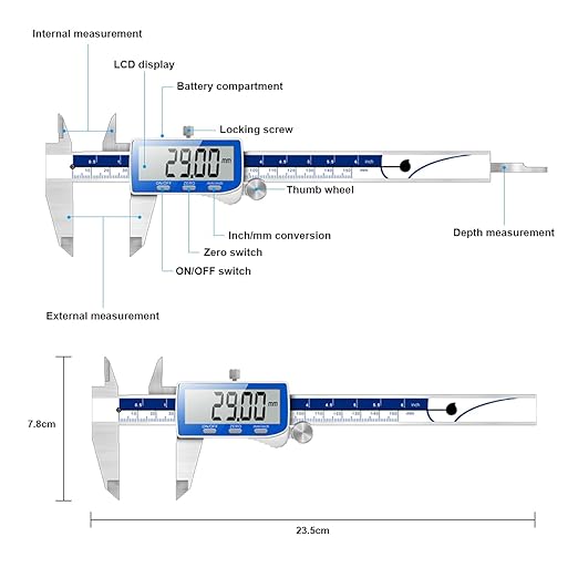 Qfun Digital Caliper, 0-6inch Caliper Measuring Tool Extreme Accuracy IP54 Waterproof Electronic Vernier Caliper Stainless Steel Digital Micrometer with Extra Large LCD Screen