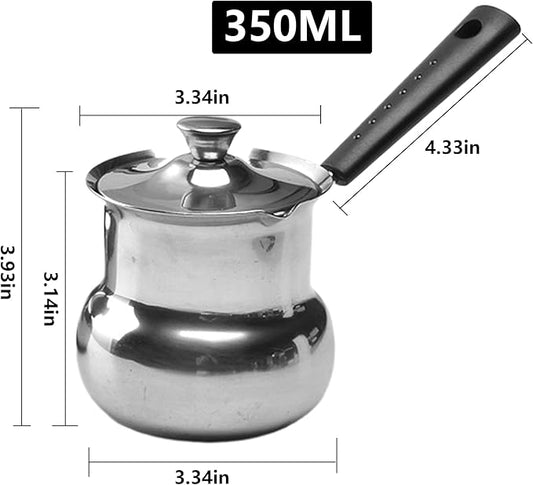 Turkish Coffee Pot with Lid: Stainless Steel Mini Saucepan Chocolate Melting Pot, Milk Warmer Butter Warmer for Stove Top Espresso Coffee Tea Soup Warming (350ML)
