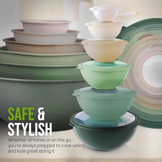 Zulay Kitchen 12 Piece Plastic Mixing Bowls with Leak-Proof Lids Set - Microwave and Freezer Safe Kitchen Mixing Bowls for Preparing, Serving and Storing - Large Nesting Bowls (Forest Ombre)