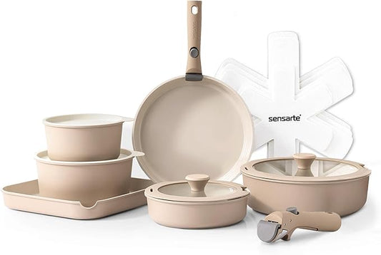 SENSARTE 17 Piece Ceramic Pots and Pans Set, Nonstick Detachable Handle Cookware, Induction Kitchen Cookware Set with Removable Handle, Dishwasher & Oven Safe (Almond Beige)
