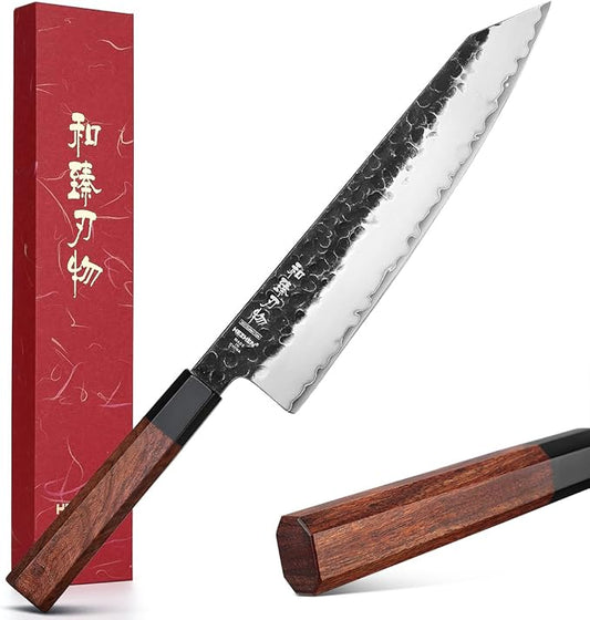 HEZHEN Kiritsuke Knife,9.5 Inches,3 Layers High Carbon Clad Steel Japanese Knife, Composite Forging Steel, Professionl Professional Japanese Kitchen Knife, Redwood Octagonal Handle