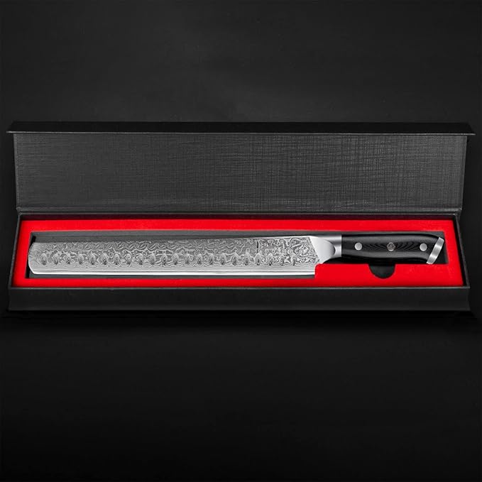 SENKEN 12" Damascus Steel Brisket Knife - Shogun Collection - 67-Layer Japanese VG10 Steel w/Full-Body G10 Military Grade Handle - Ultra Sharp Carving Knife for Brisket, Meat, Roasts, and Large Fruit