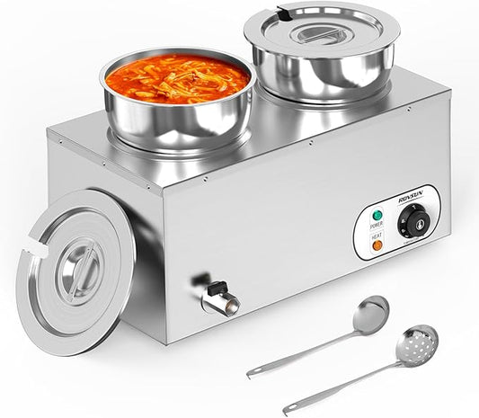 ROVSUN 15QT Commercial Soup Warmer, Electric Food Warmer Steam Table, 1200W Countertop Bain Marie with Dual 7.4QT Pots, 86~185°F Adjustable Temperature, Lid and Tap for Buffet Restaurant