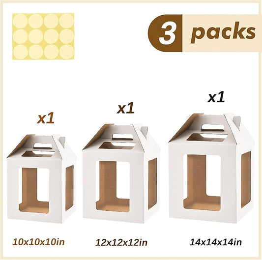 Tall Cake Boxes 6 Windows with handle, In 3 Size 10x10x10&12x12x12&14x14x14inch Cake Boxes,Square Cake Carrier,largeTake Out Transport Containers(3Pcs-White)