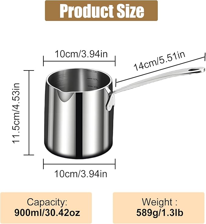 Stainless Steel Butter Warmer Pot with Scale Marks - 900ml/30.42oz Milk Heating Pot for Chocolate, Coffee, Tea - Multi-Layer Melting for Kitchen, Stovetop Safe(900ML)