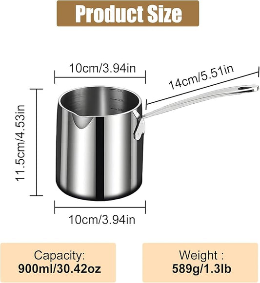 Stainless Steel Butter Warmer Pot with Scale Marks - 900ml/30.42oz Milk Heating Pot for Chocolate, Coffee, Tea - Multi-Layer Melting for Kitchen, Stovetop Safe(900ML)