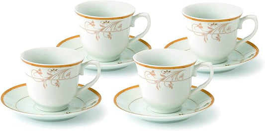 World Gifts Elegant Durable and Colorful Porcelain Tea-Coffee Cups and Saucers Set - Gold Floral Design, Set of 4
