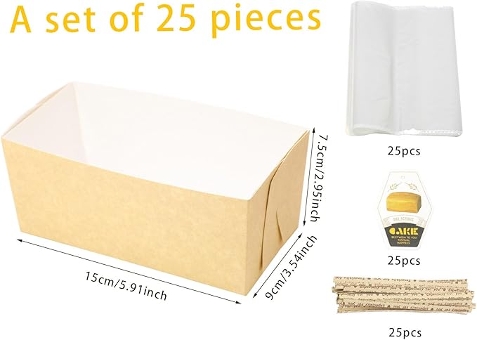Disposable loaf pans,paper loaf pan for baking bread,25 Pcs Natural Recyclable Bakery Pastry Mold with Clear Package Bag,Providing Beautiful Display for Baked Goods(5.9 x3.5 x3Inch)