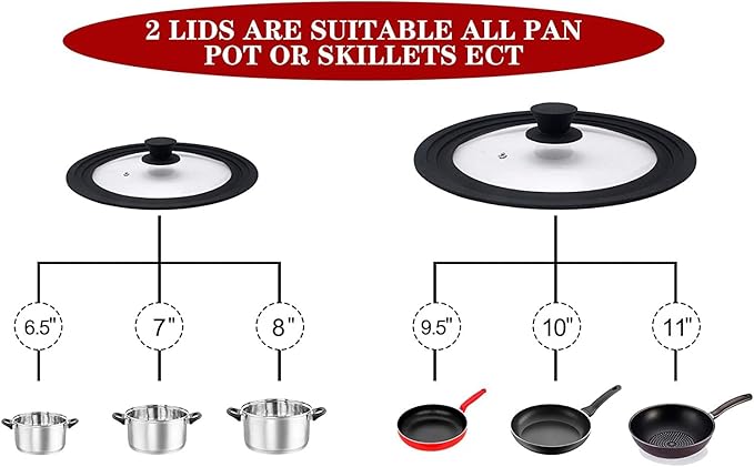 Walfos Universal Lids for Pots, Pans and Skillets - Tempered Glass with Heat Resistant Silicone Rim, Fits 6.5", 7" and 8" Diameter, 9.5", 10" and 11" Diameter Cookware(2PK)