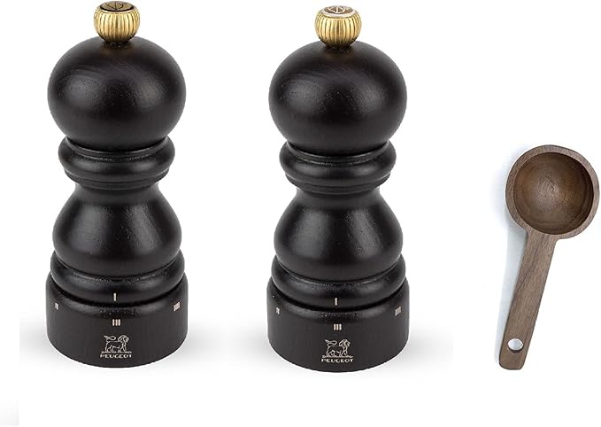 Peugeot Paris u'Select 6 Setting Manual beechwood Salt & Pepper Mill Set With Wooden Spice Scoop Made In France (Chocolate, 5- Inch)