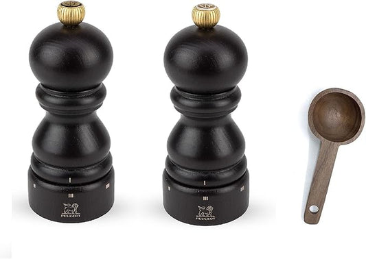 Peugeot Paris u'Select 6 Setting Manual beechwood Salt & Pepper Mill Set With Wooden Spice Scoop Made In France (Chocolate, 5- Inch)