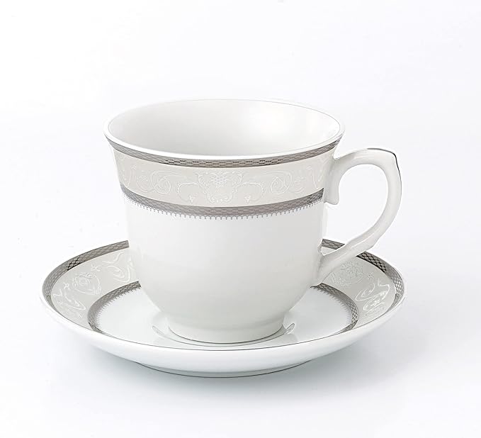 World Gifts Elegant Durable and Colorful Porcelain Tea-Coffee Cups and Saucers Set - Silver, 8 oz. Set of 4