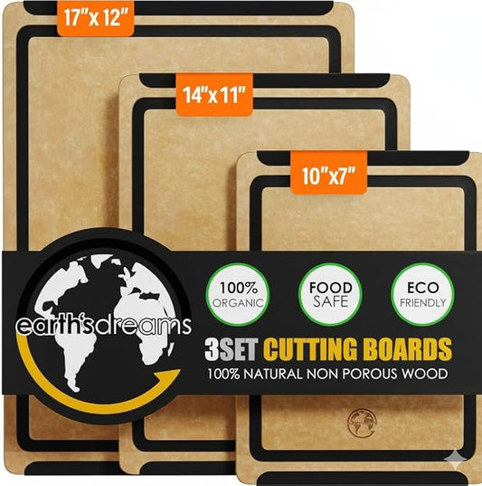 Earth’s Dreams Wood Cutting Board Set 3-Piece: Small, Large & Extra Large - Charcuterie Board, Non-Plastic, Non-Toxic, Heavy-Duty, Dishwasher Safe (Tan/Black)