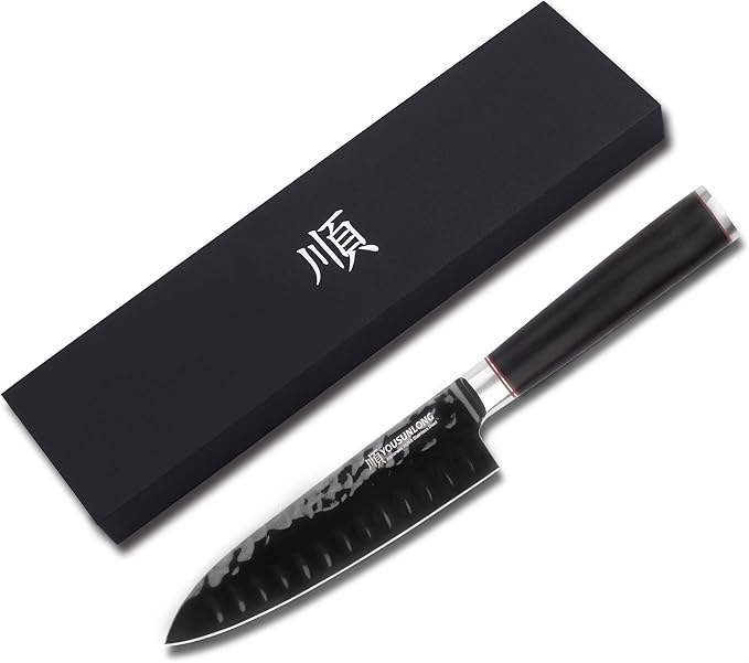 YOUSUNLONG Santoku Knife - 7 Inch Kitchen Knife Chef Knife -Japanese AUS8 Black Titanium Nitride Coated Steel - Natural Leadwood Handle