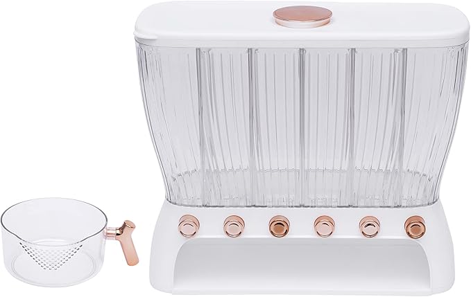 6 Grids Dry Food Dispenser Grain Rice Storage Dispenser with Measuring Cup, 22lbs Sealed Storage Tank for Home Kitchen, Detachable Partition