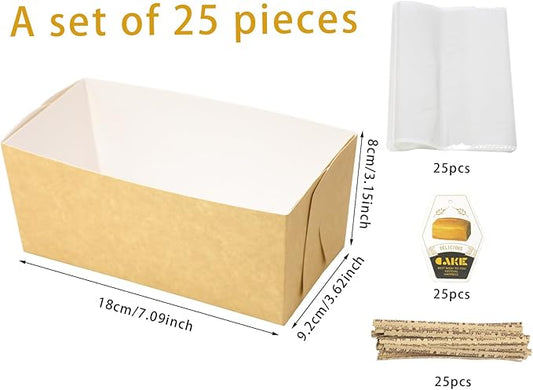 Disposable loaf pans,paper loaf pan for baking bread,25 Pcs Natural Recyclable Bakery Pastry Mold with Clear Package Bag,Providing Beautiful Display for Baked Goods(7.1x3.6x3.2Inch)