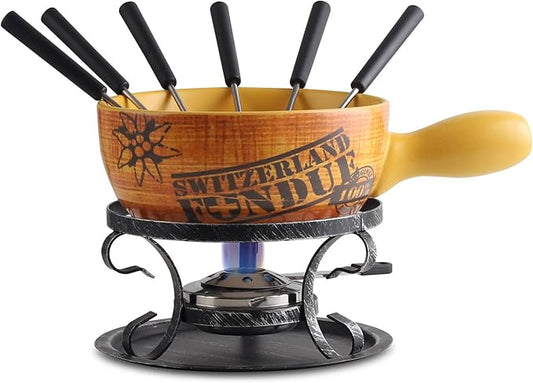 Artestia 2.11-Quart Swiss Design Ceramic Fondue Pot Set for Cheese, Chocolate Melting Pot with 6 Fondue Forks and Swiss Vintage Pattern, Perfect for 6 People, 10 Piece