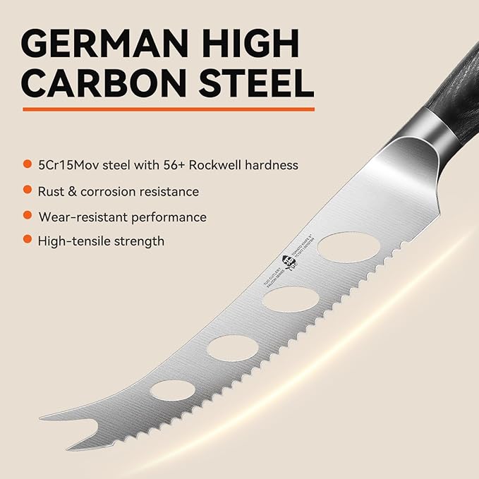 TUO Cheese Slicer Knife, 5" Serrated Tomato Knife, with Forked Tip & Non-Stick Blade, High Carbon German Steel, Ergonomic Handle with Gift Box, Falcon Series