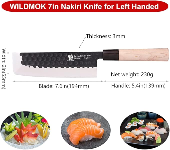 WILDMOK Left Handed 7 Inch Nakiri Knife German Stainless Steel Vegetable Chopping Knife Asian Usuba Chef's Knife for Left Handed