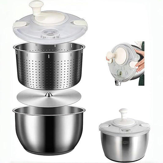 6L Stainless Steel Salad Lettuce Spinner, Fruit Vegetable Cleaner Vegetable Washer Spinner Quick Spin for Household Vegetables and Pasta Fries Spinner Essential Kitchen Utensils spinners (B)