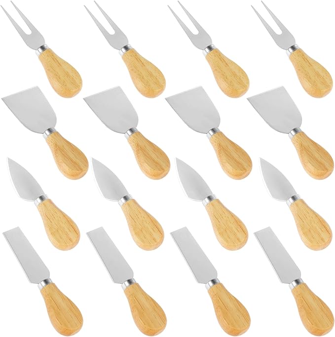 16Pcs Cheese Spreader Set with Wooden Handle Stainless Steel Butter Cutter Spreader Portable Cheese Cutting Spatula Rustproof Spatula Cheese Slicer Reusable Butter Spreader Tool for Cream Cheese