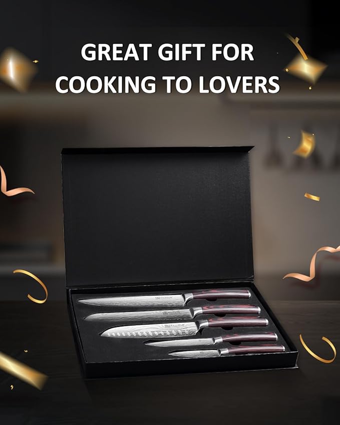 PAUDIN Kitchen Knife Set, Ultra Sharp Knife Set with Pakkawood Handle, High Carbon Stainless Steel Knives Set for Kitchen, 5 Piece Chef Knife Set Come with Gift Box