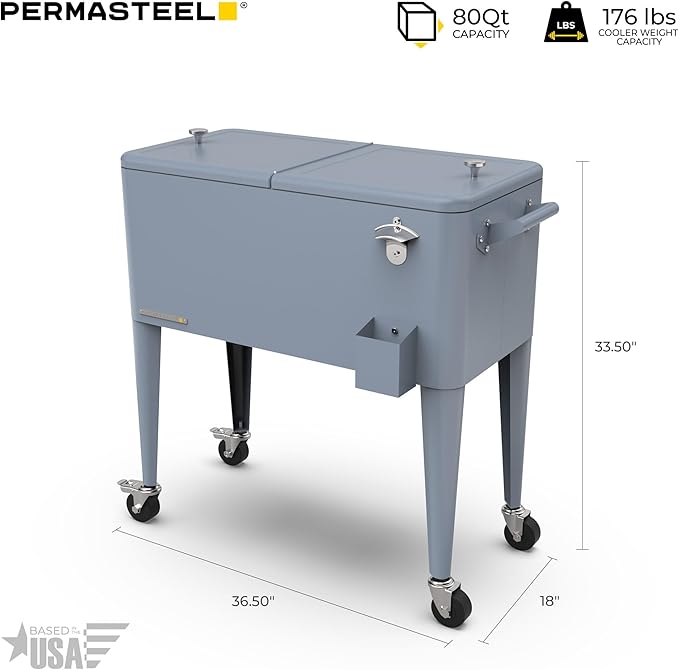 Permasteel 80 Quart Party Cooler, Rolling Ice Chest with Wheels and Handles for Indoor Outdoor Patio