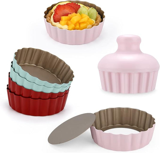 Mini Round Tart Pan with Removable Bottom, Nonstick Mini Pie Pans for Baking, Carbon Steel Quiche Pan Set for Cupcake Muffin Cakes and Desserts, Including 6 Tart Pan and 1 Tart Tamper (Multicolor)