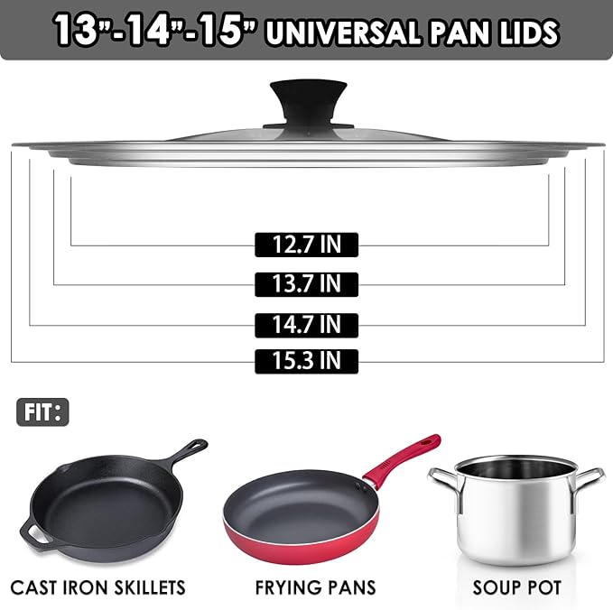 13-14-15 in Universal Pan Lid, Extra Large Stainless Steel Pot Lid for Pots, Pans, Skillets, Replacement Frying Pan Lid with Heat Resistant Silicone Knob, Dishwasher Safe