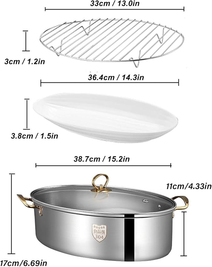 Stainless Steel Fish Poacher Pot, Oval Cookware with Glass Cover, Ceramic Plate and Steaming Rack