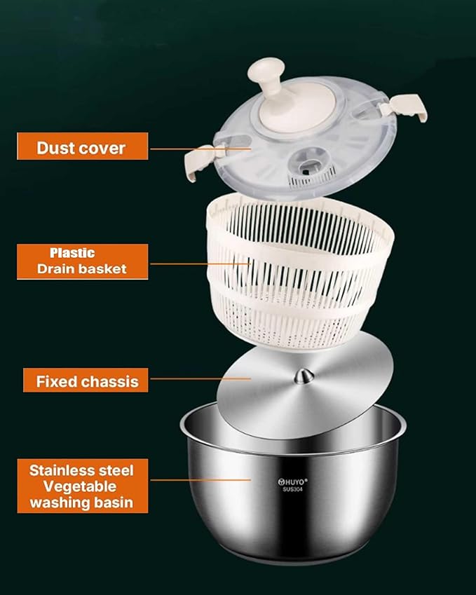 5.3QT Stainless Steel Salad Spinner - Large Capacity Vegetable & Fruit Washer Cleaner, Salad Dryer with Quick Spin & Drain Outlet, Multi-Use Colander
