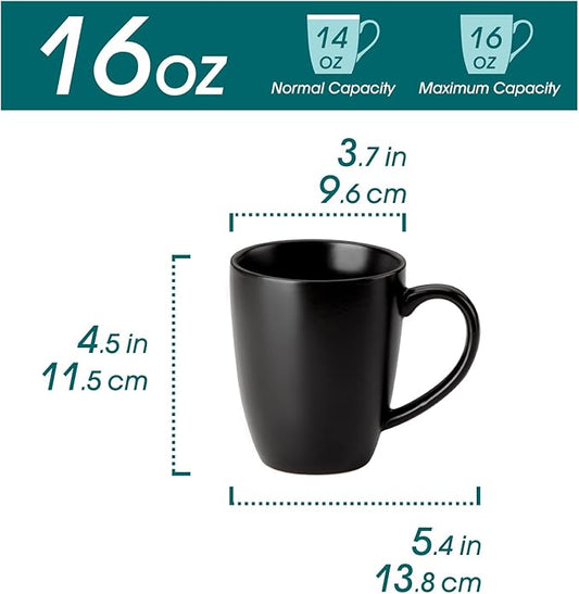 vancasso PLAYA Ceramic Coffee Mug Set of 6, 16 Oz Tea Cups with Handle for Latte, Tea, Cappuccino, Milk, Cocoa, Microwave&Dishwasher Safe, Black