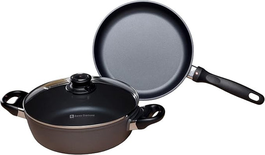Swiss Diamond 3 Piece Set Fry Pan & Casserole HD Nonstick Diamond Coated Aluminum with Lids, Dishwasher/Oven Safe Grey