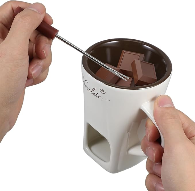 DECHOUS 2 Pack Fondue Pot Ceramic Chocolate Fondue Mug Set with 2 Forks Personal Fondue Mugs Melting Pot for Chocolate, Cheese, Butter, Suitable for Home Party Wedding