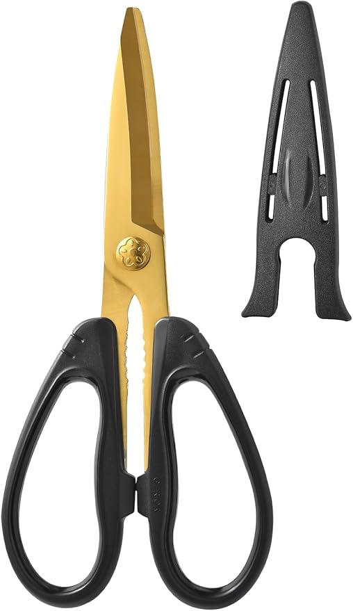 Golden Titanium Coating Kitchen Scissors with Blade Cover, Stainless Steel, Comfortable Handle, Heavy Duty