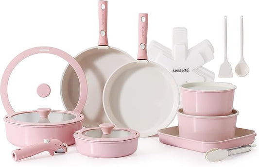 SENSARTE 24 Piece Ceramic Pots and Pans Set, Nonstick Detachable Handle Cookware, Induction Kitchen Cookware Set with Removable Handle, Healthy Non Stick for RV, Dishwasher&Oven Safe, PFOA Free (Pink)