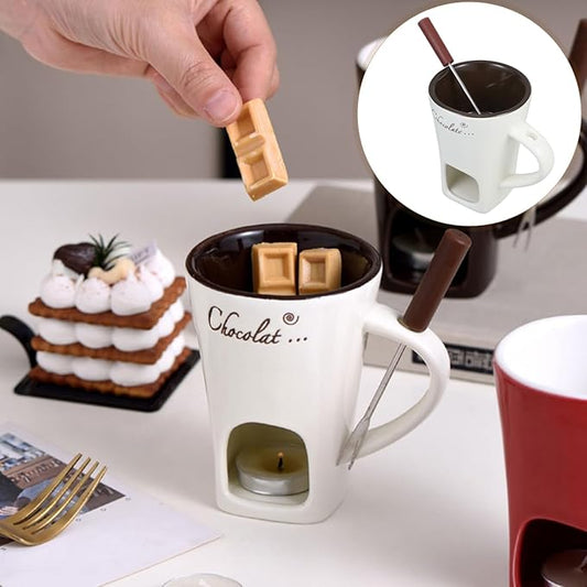 DECHOUS 2 Pack Fondue Pot Ceramic Chocolate Fondue Mug Set with 2 Forks Personal Fondue Mugs Melting Pot for Chocolate, Cheese, Butter, Suitable for Home Party Wedding