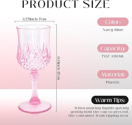 24 PCS Plastic Pink Wine Glasses Goblets Pink Vintage Wine Glasses, Reusable Drinkware Vintage Champagne, Plastic Goblets for Parties for Wedding Reception Grand Event Party, 7oz