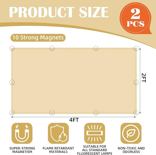 2 Pcs Fluorescent Light Covers - 4 x 2 Feet Covers for Ceiling Lights, Magnetic Light Filters for Classroom, Office, Hospitals, Home