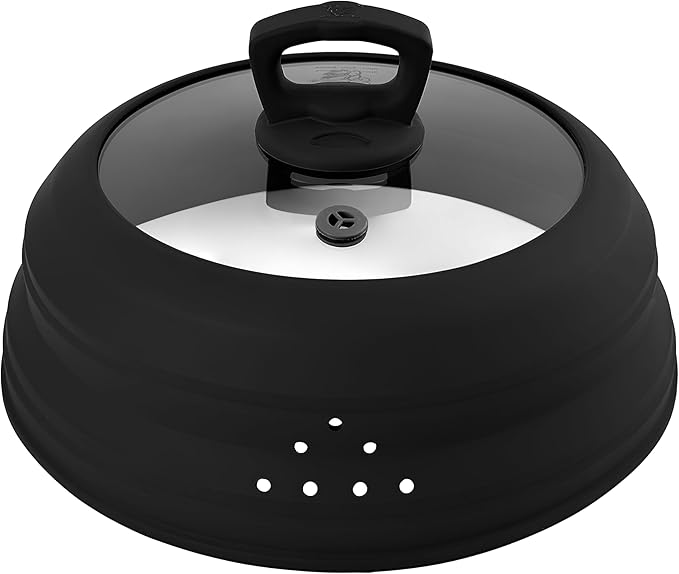 10.8 Inch Microwave Splatter Cover Glass Lid Vented Splatter Guard with Black Handle Collapsible Silicone Tempered Glass Dishwasher Safe, Reusable Splatter Guard for Bowls & Plates Oven (Black)